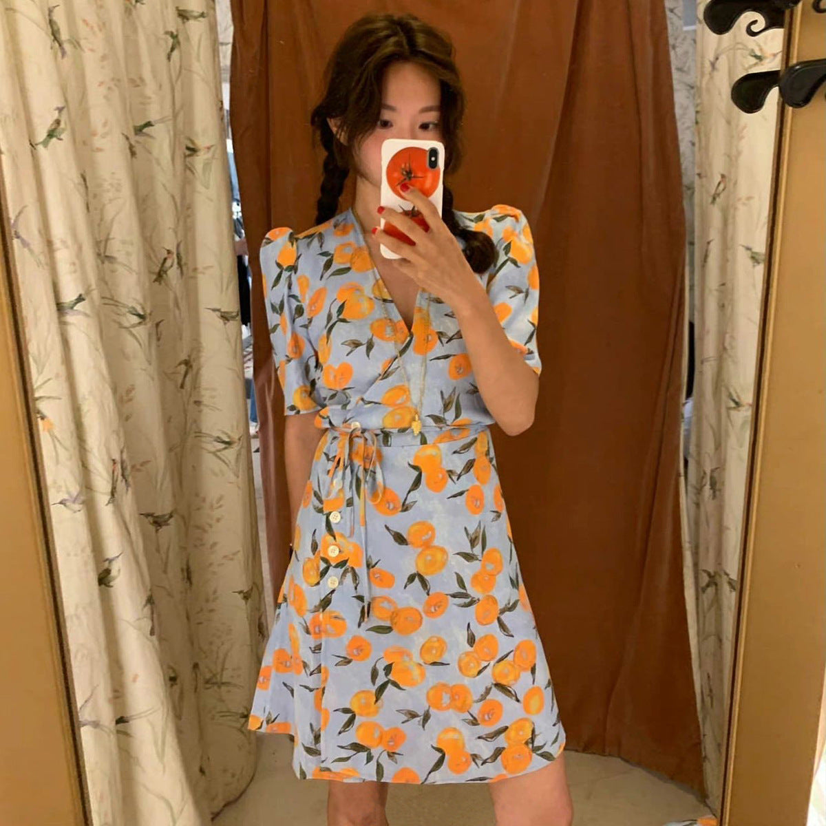 French Floral Tied Dress Orange Printed V-neck Short Sleeve Slim Dress - Fashionner