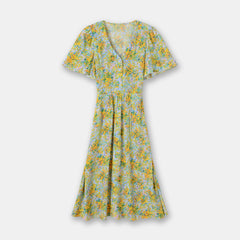 Spring And Summer New Lotus Leaf Sleeve V-neck Long Dress French Waist Floral Skirt - Fashionner