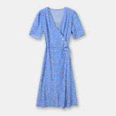 Wrap Lace-up Long Dress French Tea Dress Floral Skirt Light Blue Retro Style - Fashionner