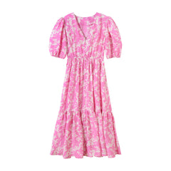 Spring And Summer New Layered Long Dress Printed Puff Sleeve Rose Red - Fashionner