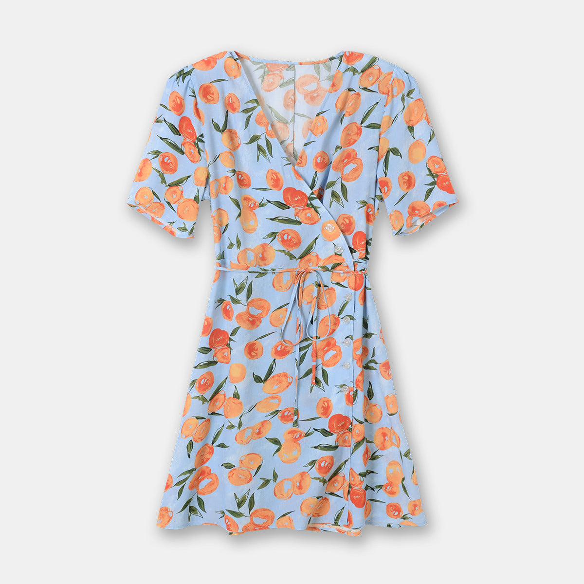 French Floral Tied Dress Orange Printed V-neck Short Sleeve Slim Dress - Fashionner