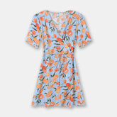 French Floral Tied Dress Orange Printed V-neck Short Sleeve Slim Dress - Fashionner