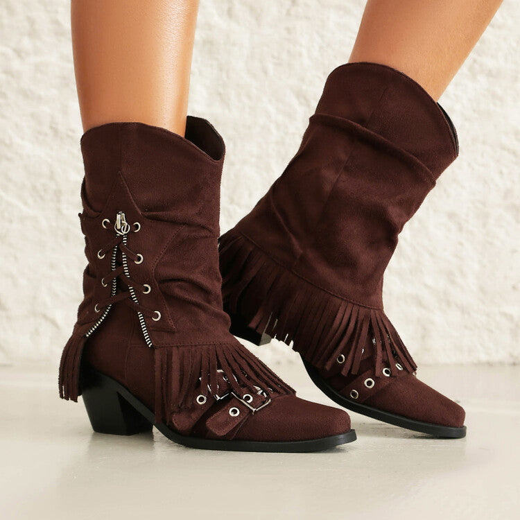 Female Boots Fleece-lined Tassel Buckle Pleated - Fashionner