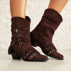 Female Boots Fleece-lined Tassel Buckle Pleated - Fashionner