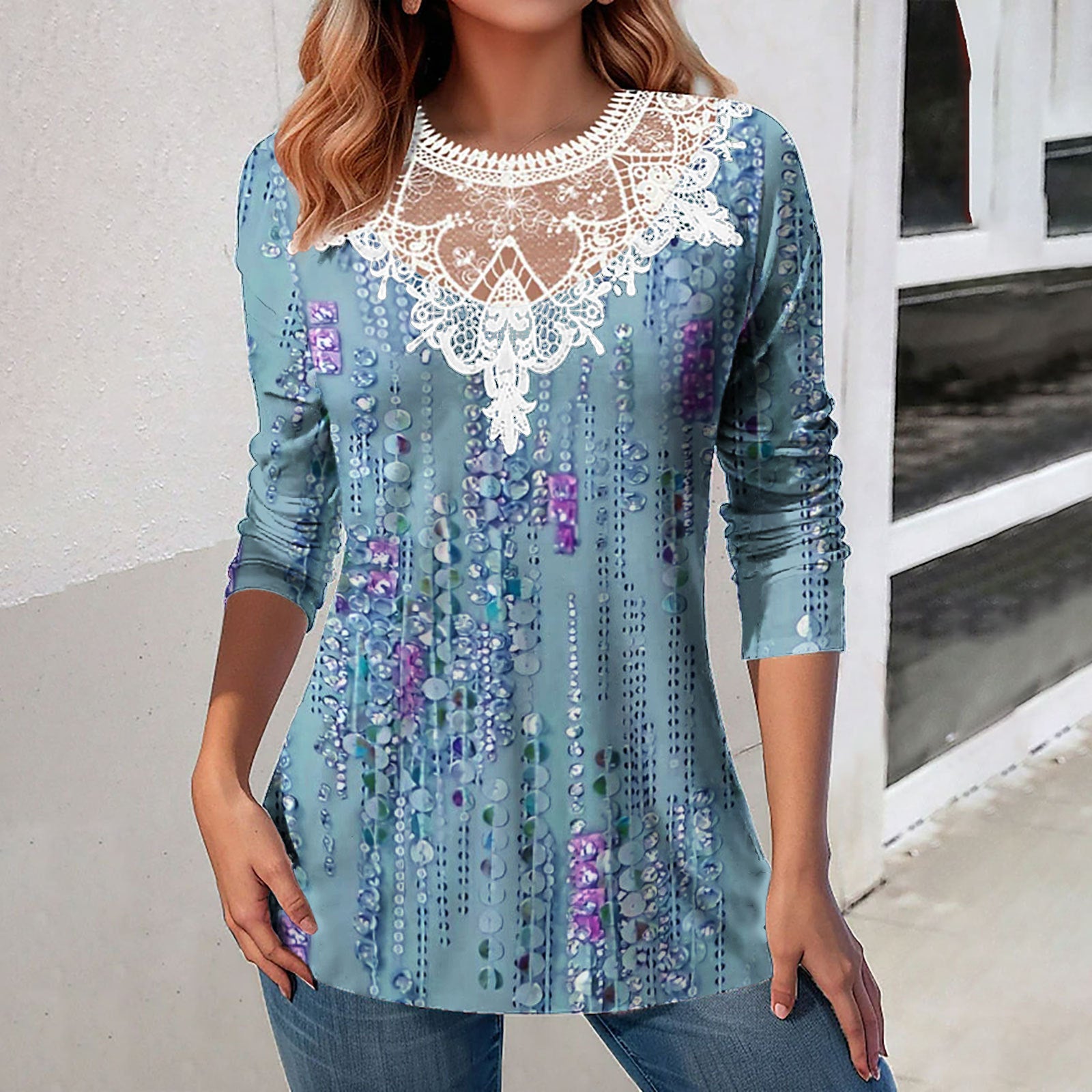 Lace Patchwork Round Neck Top Fashion Casual Printing Loose Long Sleeve Top Women - Fashionner