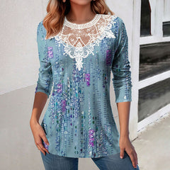 Lace Patchwork Round Neck Top Fashion Casual Printing Loose Long Sleeve Top Women - Fashionner