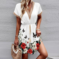 Printed Short Sleeve Lace V-neck Tight Waist Dress - Fashionner