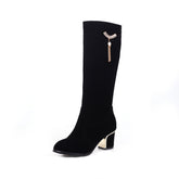 Large And Small Size Women's Suede Boots Metal Rhinestone Pendant Thick High Heel Side Zipper - Fashionner
