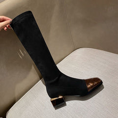 Women's Mid Heel Stitching Knee Boots Chunky Heel Women - Fashionner