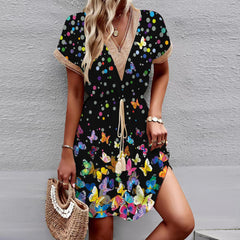 Printed Short Sleeve Lace V-neck Tight Waist Dress - Fashionner