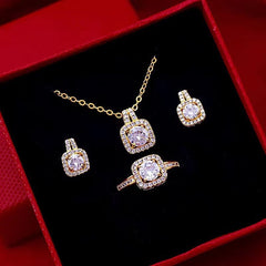 Fashion Jewelry Set Zircon Gem Pendant Chain Choker Necklace For Women Gold Color Stud Earring Statement Wedding Ring - Fashionner