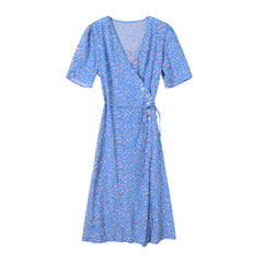 Wrap Lace-up Long Dress French Tea Dress Floral Skirt Light Blue Retro Style - Fashionner