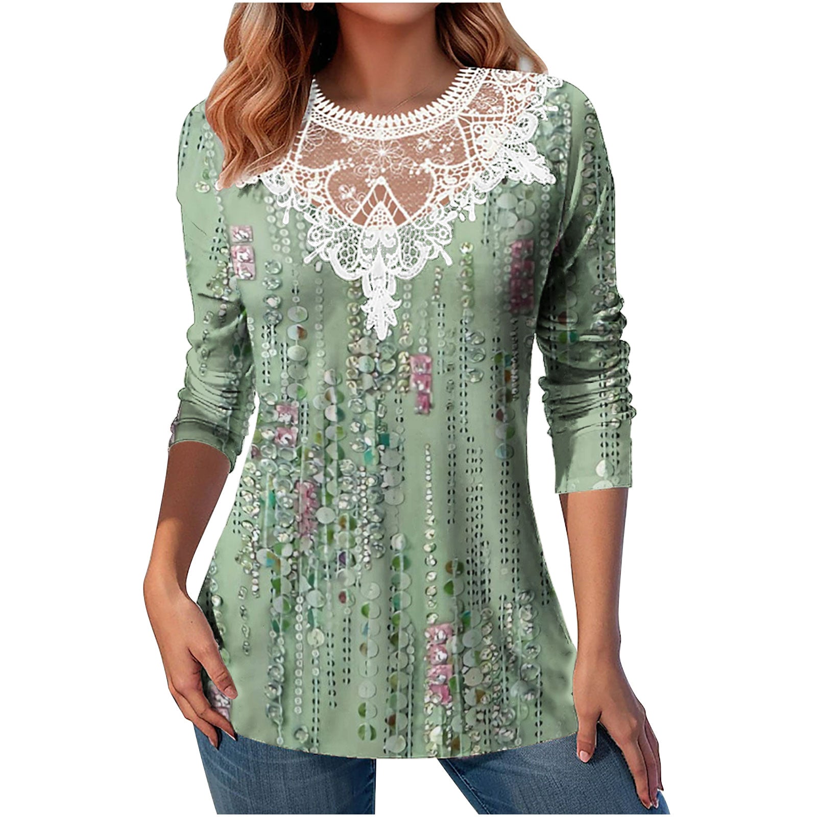 Lace Patchwork Round Neck Top Fashion Casual Printing Loose Long Sleeve Top Women - Fashionner