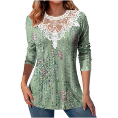 Lace Patchwork Round Neck Top Fashion Casual Printing Loose Long Sleeve Top Women - Fashionner