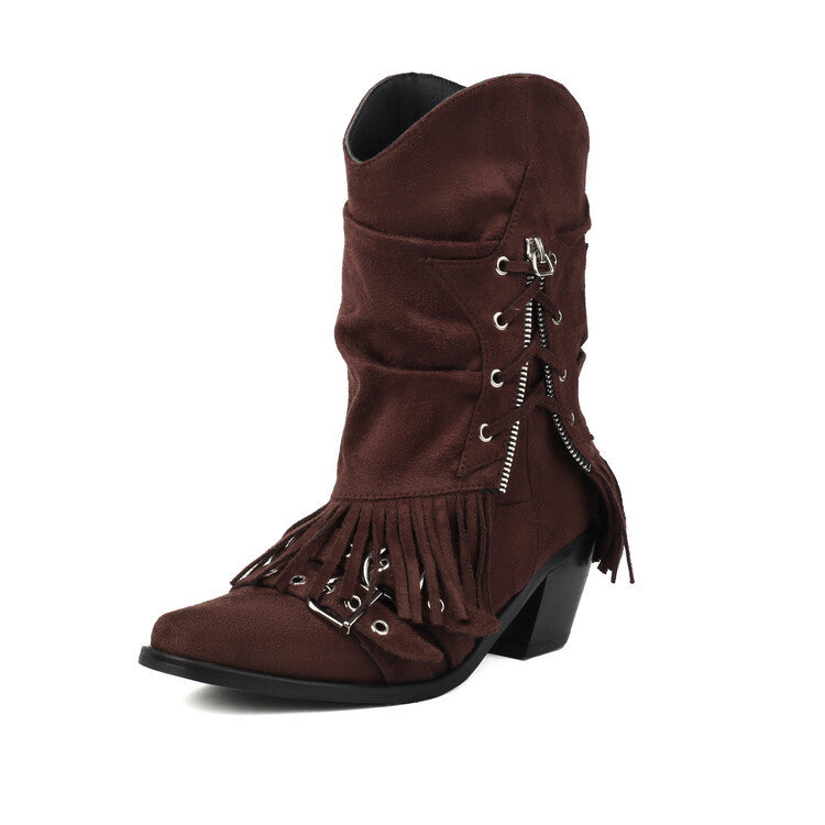 Female Boots Fleece-lined Tassel Buckle Pleated - Fashionner