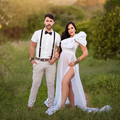 Photoshoot 2 in1 Chiffon Bow Maternity Photoshoot Dress Set Pregnant Woman Bowknot Photography Dress Sides Slit - Fashionner