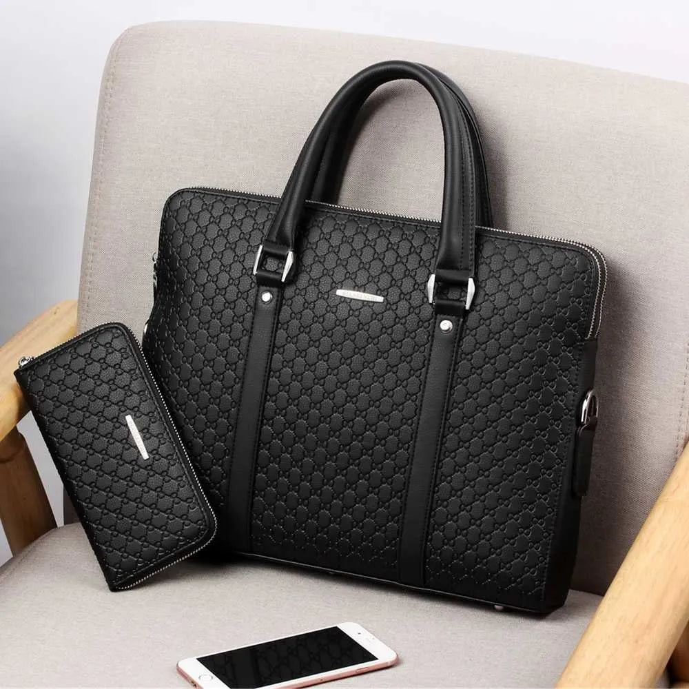 New Double Layers Men's Leather Business Briefcase Casual Man Shoulder Bag Messenger Bag Male Laptops Handbags Men Travel Bags - Fashionner
