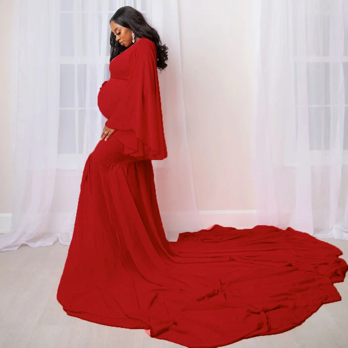 Photoshoot Long Sleeve Maxi Maternity Photography Dresses Photoshoot Fitted Gown Elegant Pregnancy Dress Pregnant Women Long Tail Dress - Fashionner