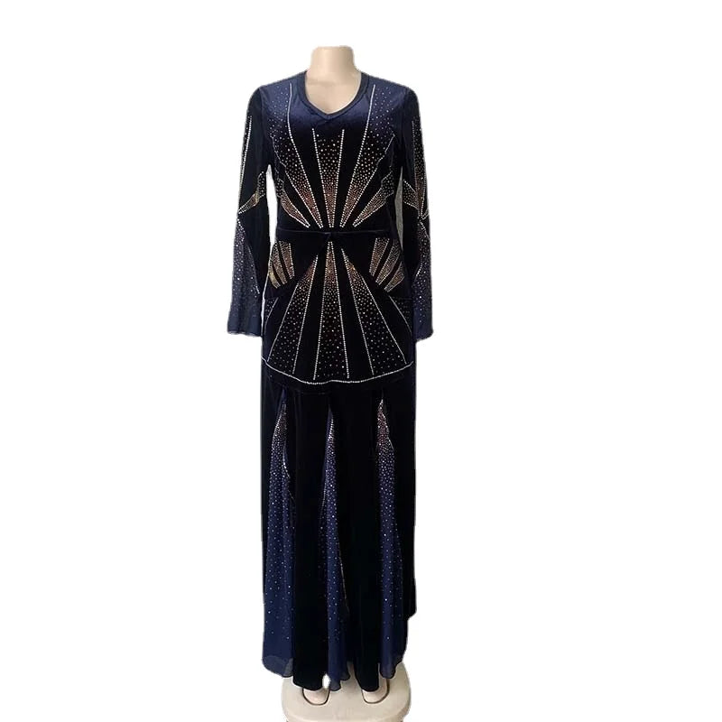Traditional African Velvet Evening Dresses for Women Dashiki Diamond Kaftan Party Long Dress Abaya Dubai Ankara Robe Femme Africa Clothes - Fashionner
