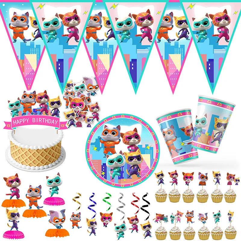 Party Cartoon Disney Superkitties Birthday Party Baptism Disposable Tableware Brooch Spiral Paper Straw Party Supplie Decorate Packing - Fashionner