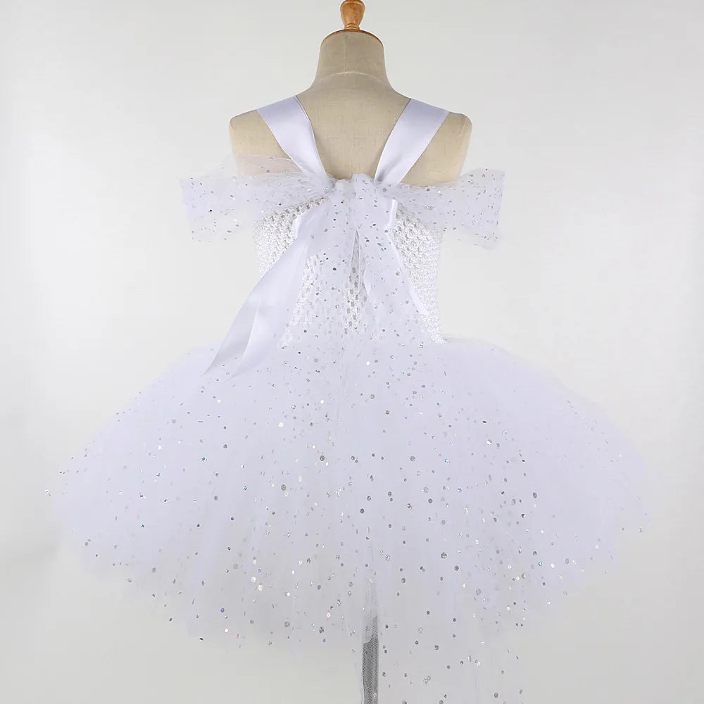 Girls White Angel Costumes for Girls Christmas Halloween Dress for Kids Flower Fairy Tutu Outfit with Wings Set Girl Clothes - Fashionner