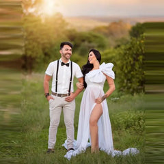 Photoshoot 2 in1 Chiffon Bow Maternity Photoshoot Dress Set Pregnant Woman Bowknot Photography Dress Sides Slit - Fashionner