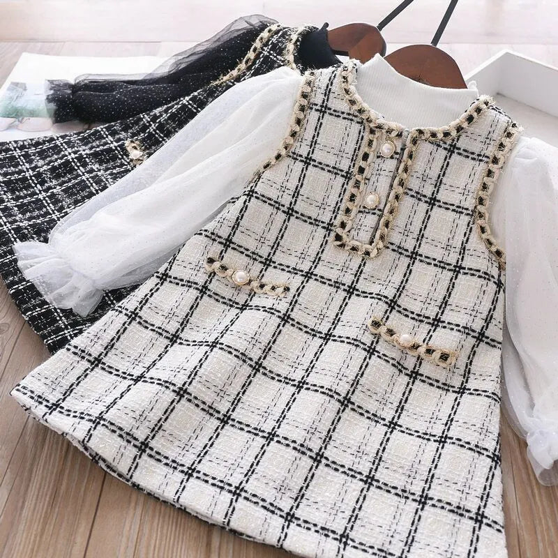 Western 2022 New Girls' Two-piece One-piece Dress for Girls, Little Fragrance, Western Style, Plaid Dress for Spring and Autumn - Fashionner
