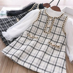 Western 2022 New Girls' Two-piece One-piece Dress for Girls, Little Fragrance, Western Style, Plaid Dress for Spring and Autumn - Fashionner