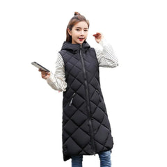 Women's Sleeveless Vest Long Down Jacket Solid Korea Hooded Padded Vests Loose Females 2022 Ladies Fashion Casual Winter Coat - Fashionner