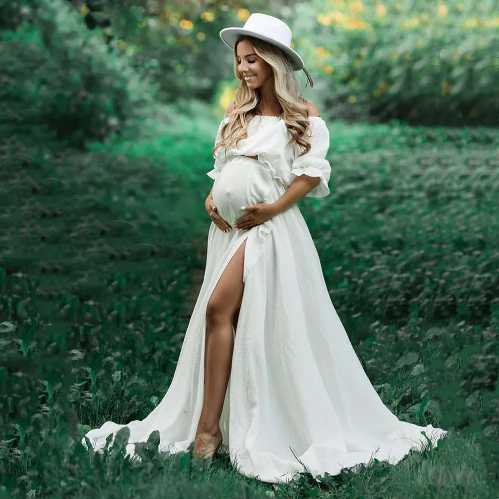 Photoshoot Boho Cotton Maternity Photoshoot Dress 2 in 1 Bohemian Pregnant Woman Photography Dress Outfit - Fashionner