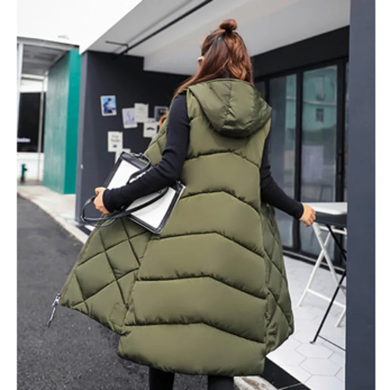 Women's Sleeveless Vest Long Down Jacket Solid Korea Hooded Padded Vests Loose Females 2022 Ladies Fashion Casual Winter Coat - Fashionner