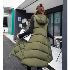 Women's Sleeveless Vest Long Down Jacket Solid Korea Hooded Padded Vests Loose Females 2022 Ladies Fashion Casual Winter Coat - Fashionner