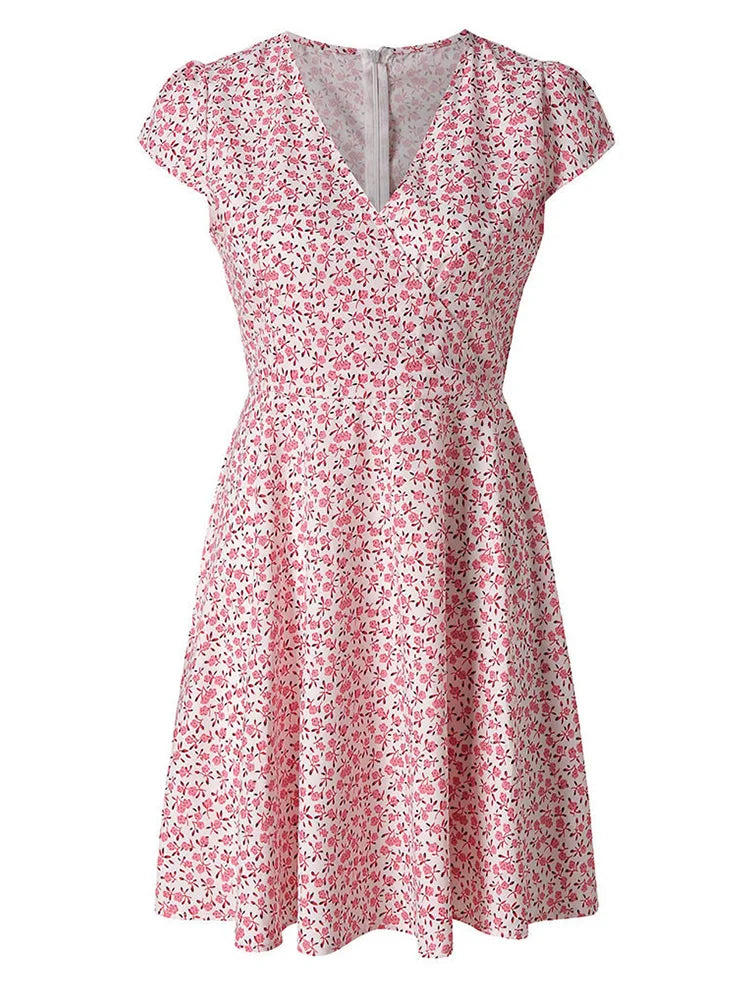 Floral Print Short Sleeve Wrap Dress Women V Neck Mini Summer Dress - Fashionner