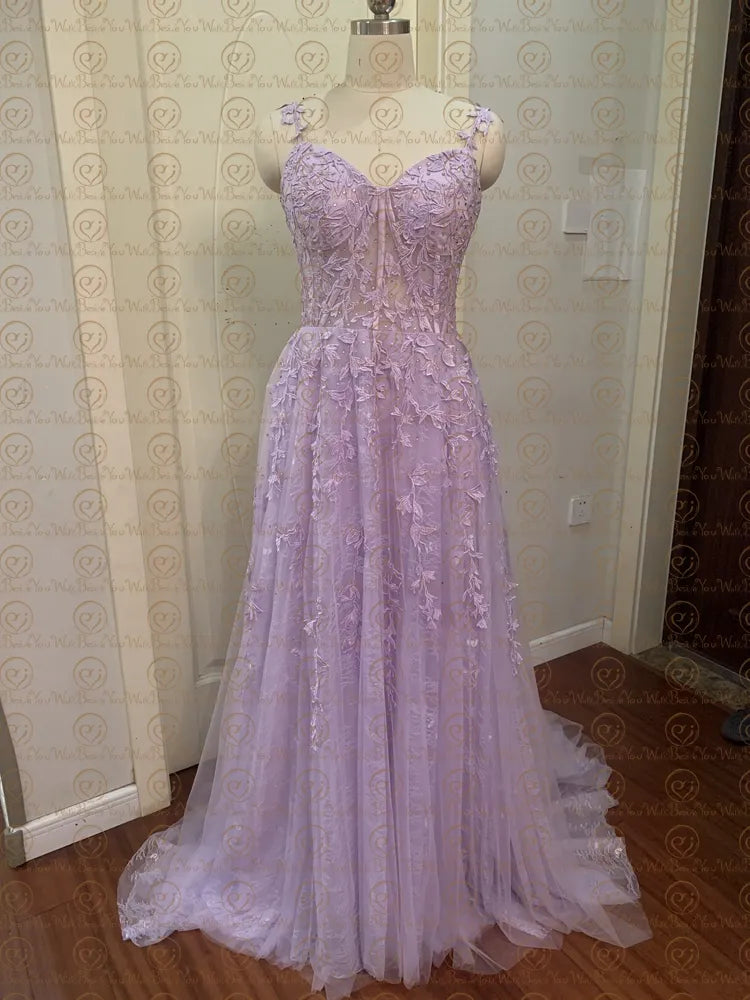 Lilac Evening Dresses 2023 Long Lace Appliques Crystal Mermaid Sweetheart Sweep Train Corset Back Sleeveless Prom Gowns Women - Fashionner