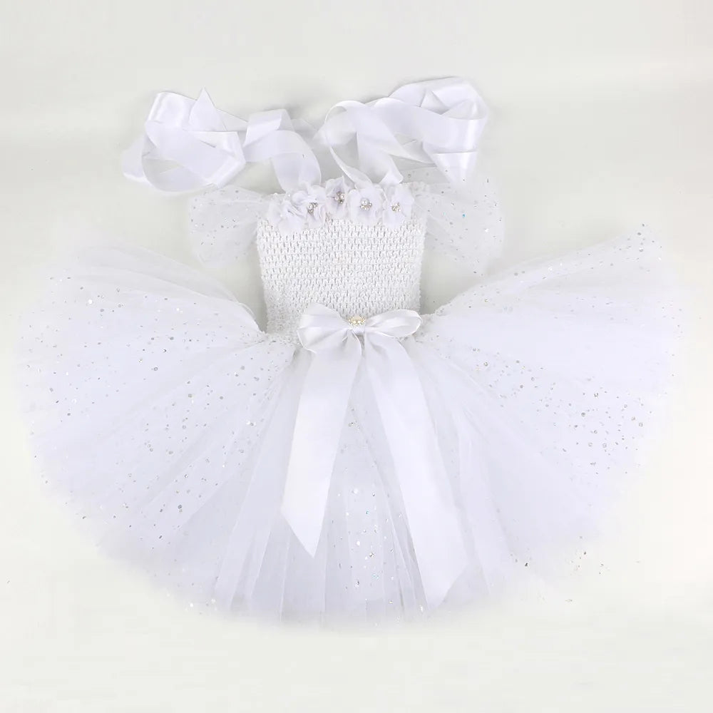 Girls White Angel Costumes for Girls Christmas Halloween Dress for Kids Flower Fairy Tutu Outfit with Wings Set Girl Clothes - Fashionner