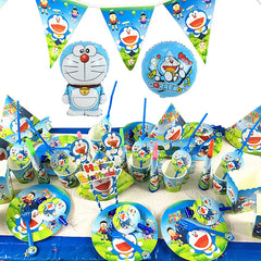 Party Doraemon Theme Birthday Party Decoration Supplies Paper Cup Plate Tablecloth Pennant Cake Topper Baby Shower Balloon Kids Favors - Fashionner
