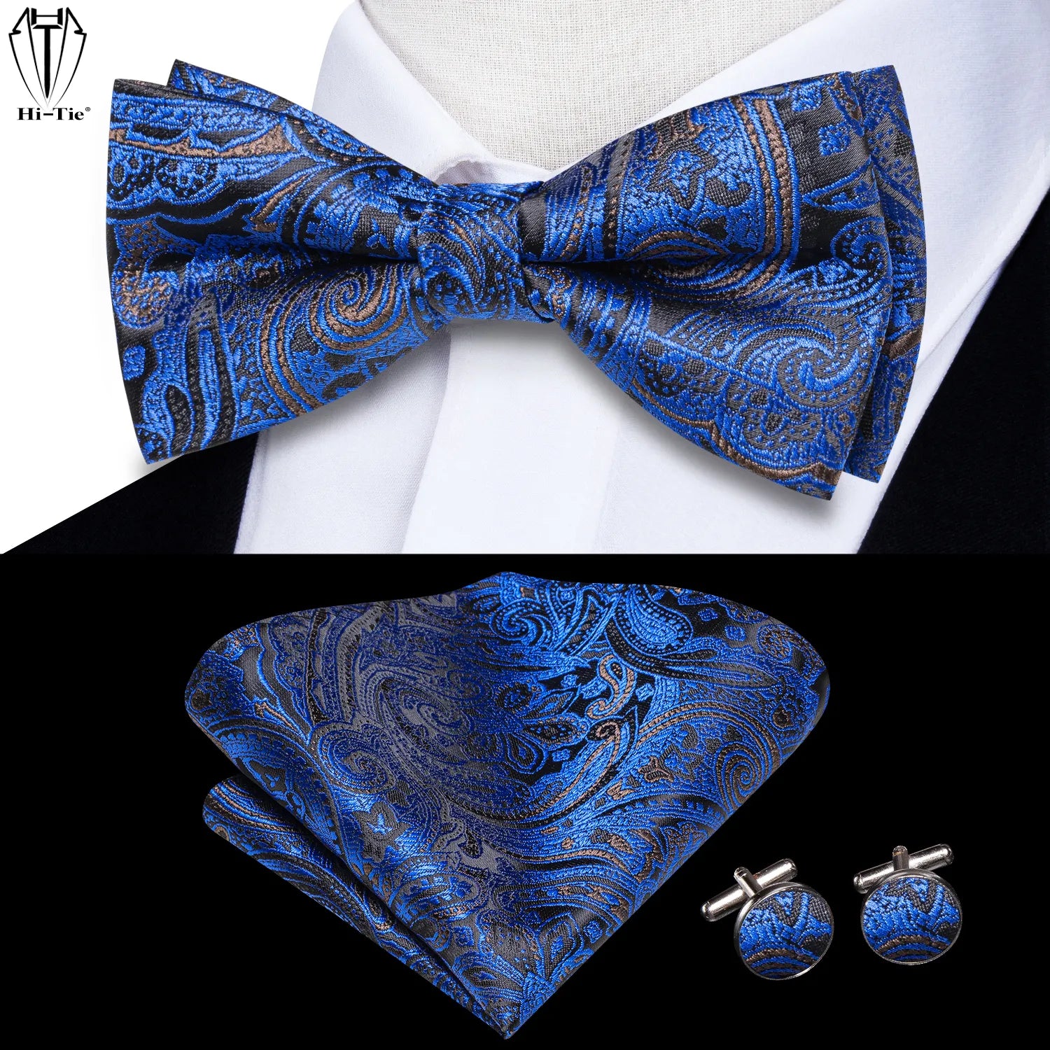 pre-wedding Hi-Tie Sky Navy Royal Blue Silk Mens Bow Tie Hanky Cufflinks Set Pre-tied Butterfly Knot Adjustable Bowtie Male Wedding Business - Fashionner