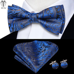 pre-wedding Hi-Tie Sky Navy Royal Blue Silk Mens Bow Tie Hanky Cufflinks Set Pre-tied Butterfly Knot Adjustable Bowtie Male Wedding Business - Fashionner