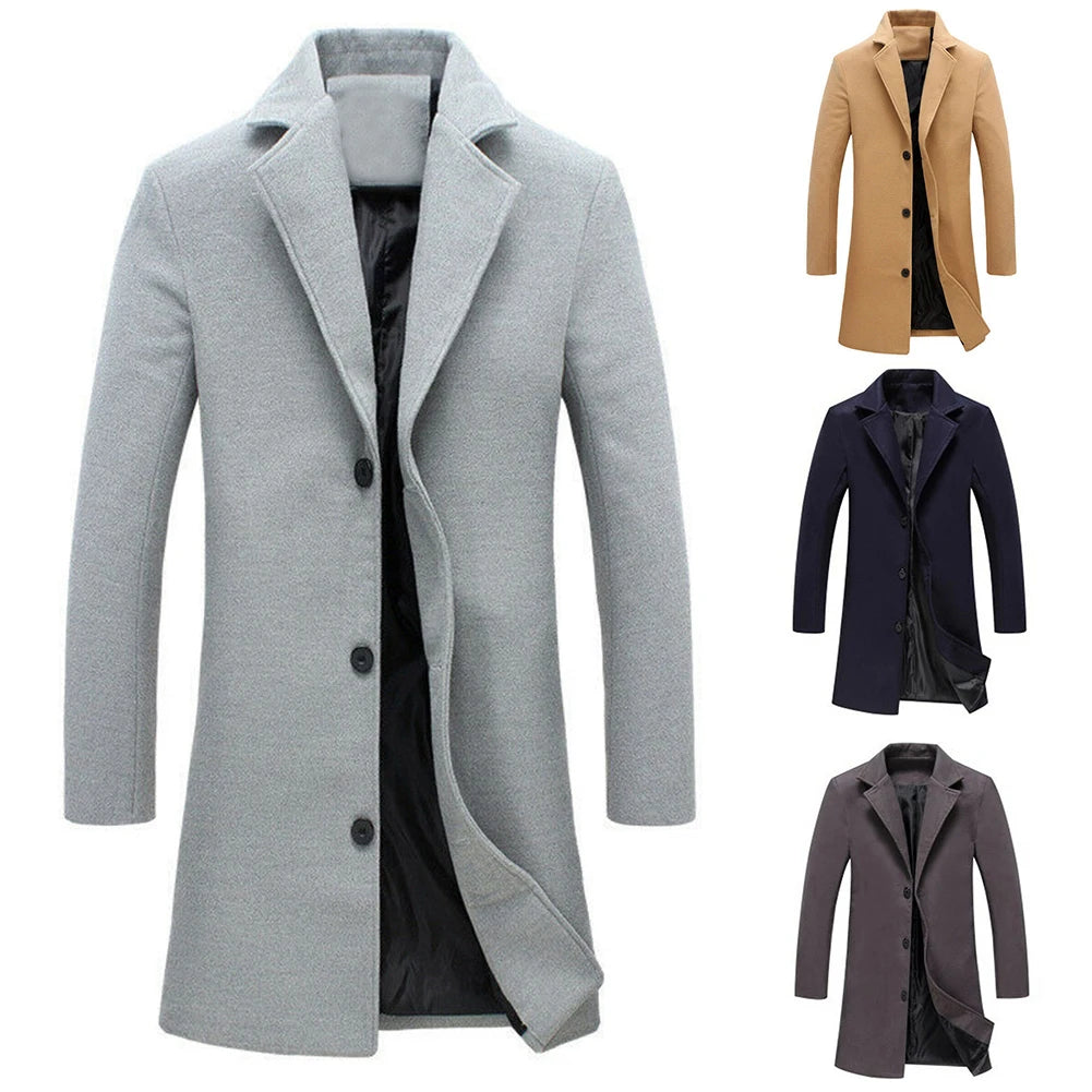 Autumn Winter Fashion Men's Woolen Coats Solid Color Single Breasted Lapel Long Coat Jacket Casual Overcoat Plus Size 5 Colors - Fashionner