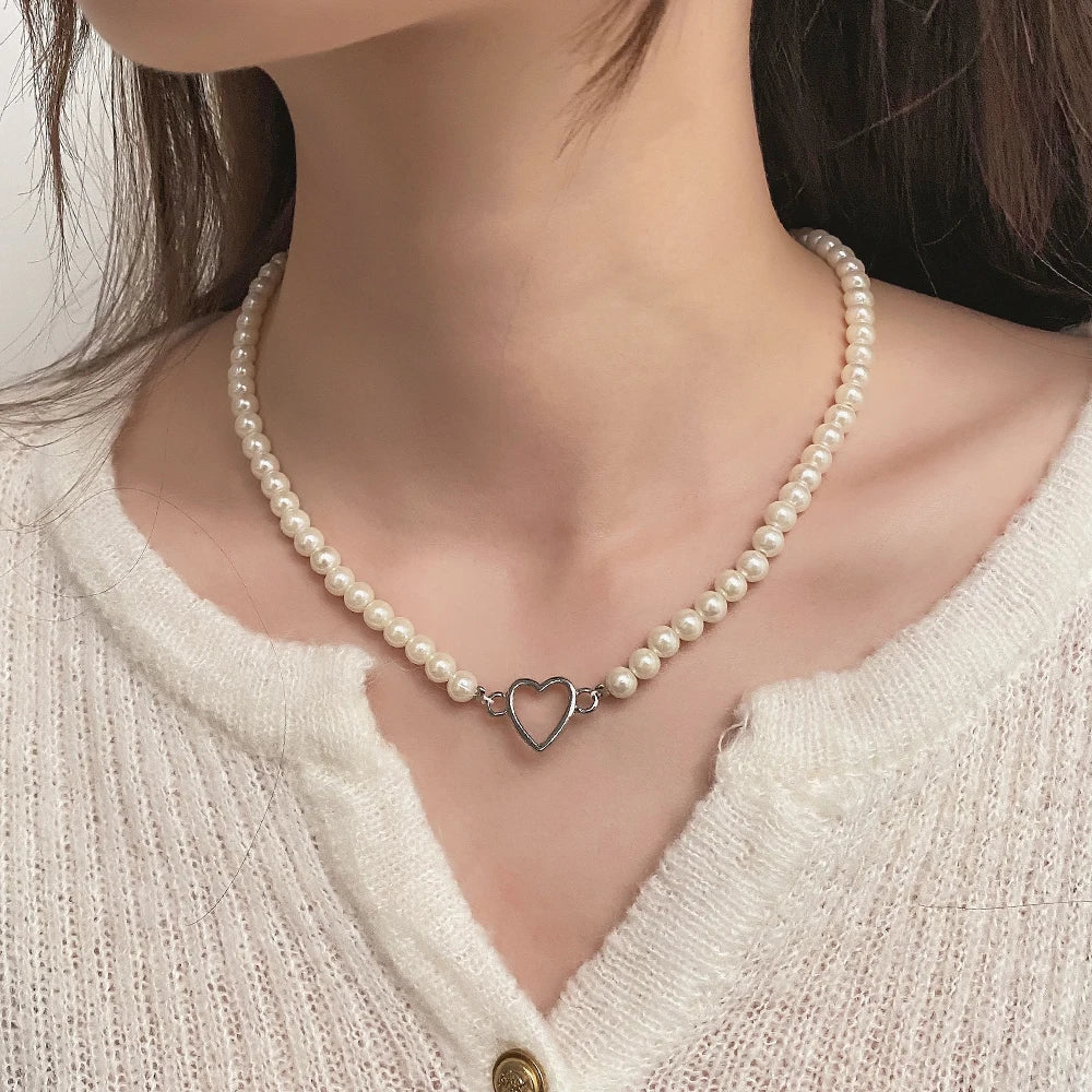 Elegant White Imitation Pearl Beads Choker Clavicle Chain Necklace For Women Love pendant Wedding Jewelry Collar 2023 New - Fashionner