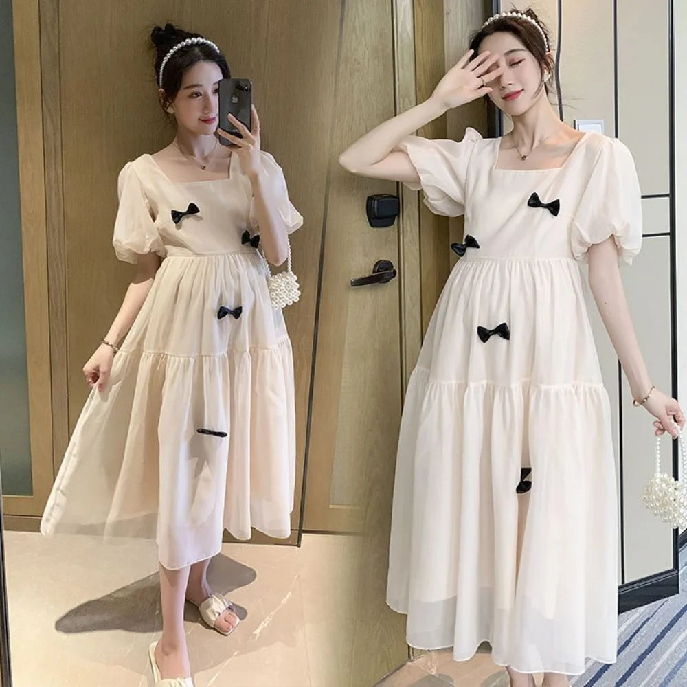 2023 autumn flare sleeve square collar maternity long dress loose woman clothes fashion bow pregnant women dress party dresses - Fashionner