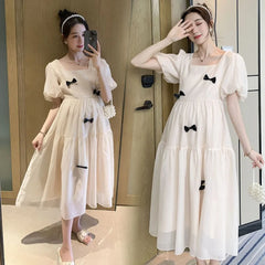 2023 autumn flare sleeve square collar maternity long dress loose woman clothes fashion bow pregnant women dress party dresses - Fashionner