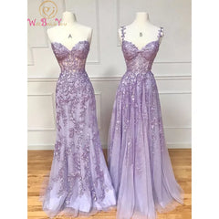 Lilac Evening Dresses 2023 Long Lace Appliques Crystal Mermaid Sweetheart Sweep Train Corset Back Sleeveless Prom Gowns Women - Fashionner
