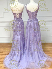 Lilac Evening Dresses 2023 Long Lace Appliques Crystal Mermaid Sweetheart Sweep Train Corset Back Sleeveless Prom Gowns Women - Fashionner