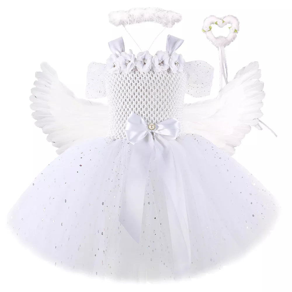 Girls White Angel Costumes for Girls Christmas Halloween Dress for Kids Flower Fairy Tutu Outfit with Wings Set Girl Clothes - Fashionner