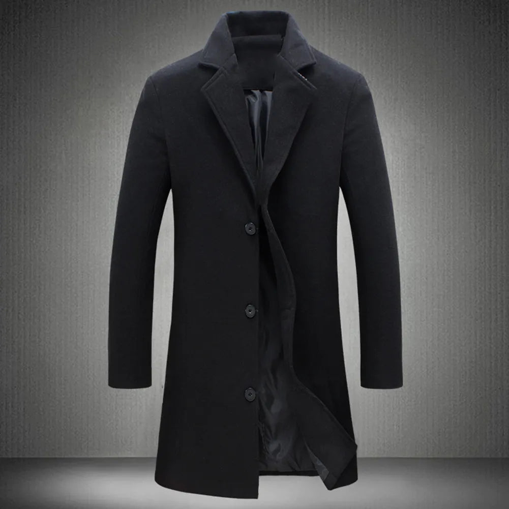 Autumn Winter Fashion Men's Woolen Coats Solid Color Single Breasted Lapel Long Coat Jacket Casual Overcoat Plus Size 5 Colors - Fashionner