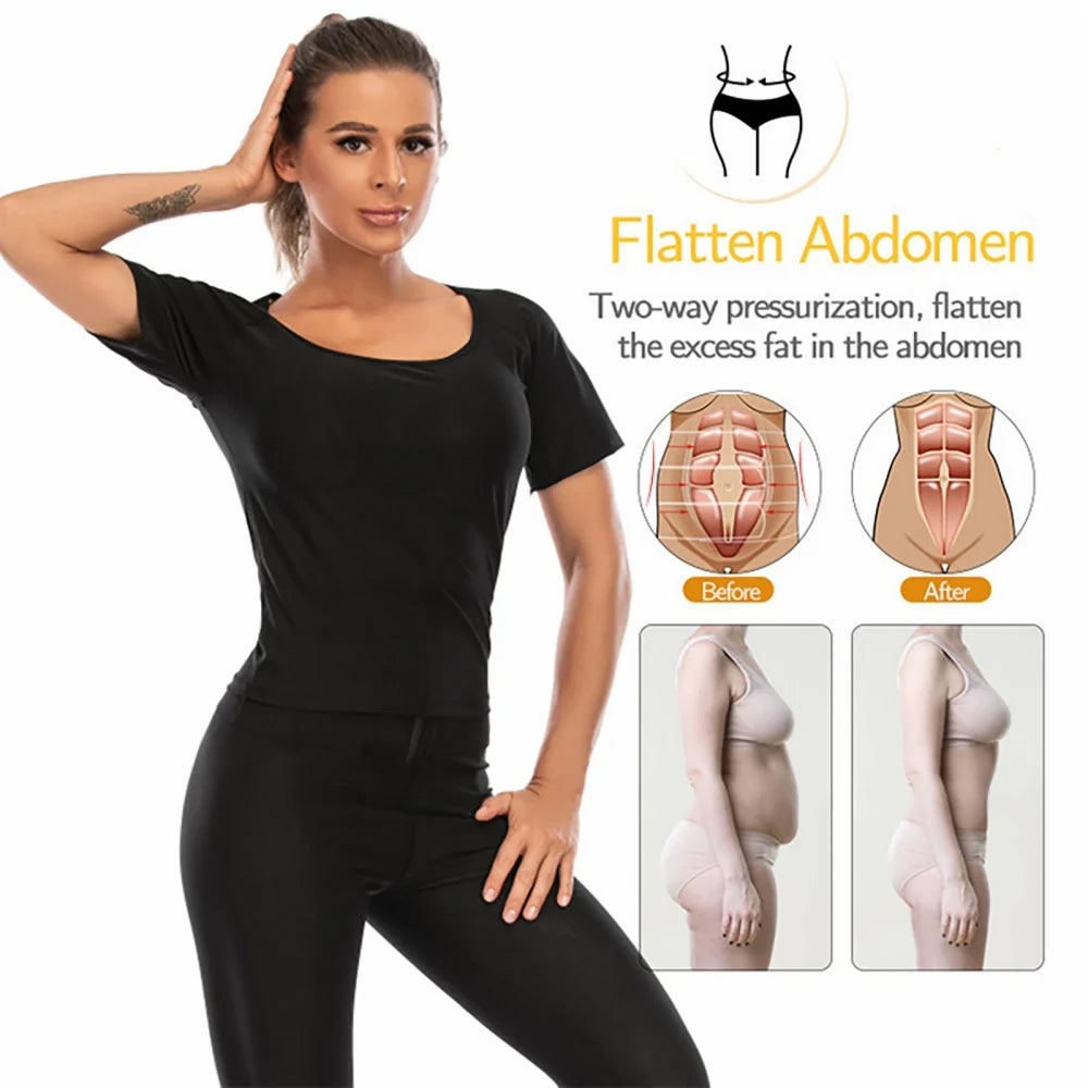 Compression T-Shirt Women Athletic Tee Workout Shirt Slimming Polymer Sauna Tee Sweat Short Sleeve Fitness Activewear T-Shirt - Fashionner