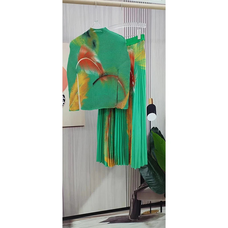 Western Western style ins autumn dress gradient printing suit round neck sweater + medium length pleated skirt with two pieces - Fashionner