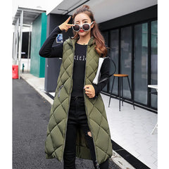 Women's Sleeveless Vest Long Down Jacket Solid Korea Hooded Padded Vests Loose Females 2022 Ladies Fashion Casual Winter Coat - Fashionner