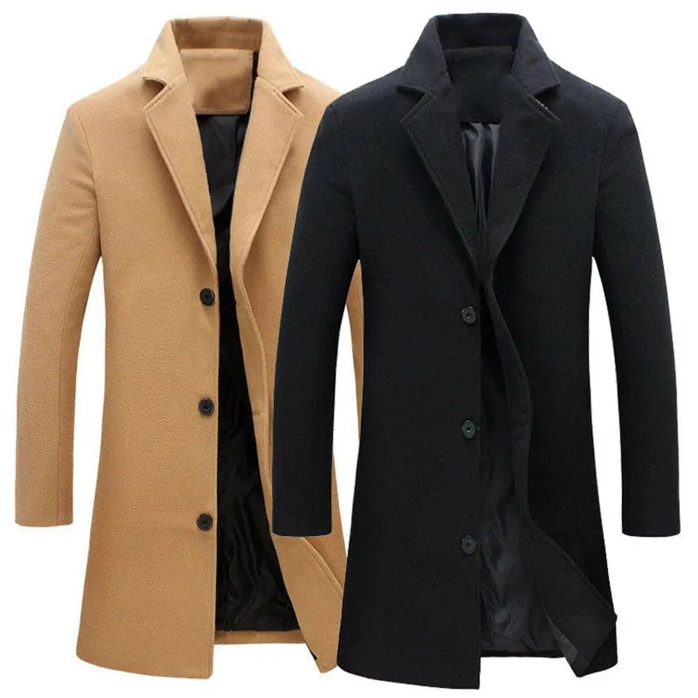 Autumn Winter Fashion Men's Woolen Coats Solid Color Single Breasted Lapel Long Coat Jacket Casual Overcoat Plus Size 5 Colors - Fashionner